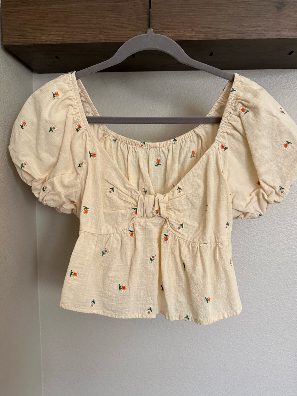 Pale yellow Puff Sleeve Tie-Front Crop Top with Orange & Green Floral Embroidery